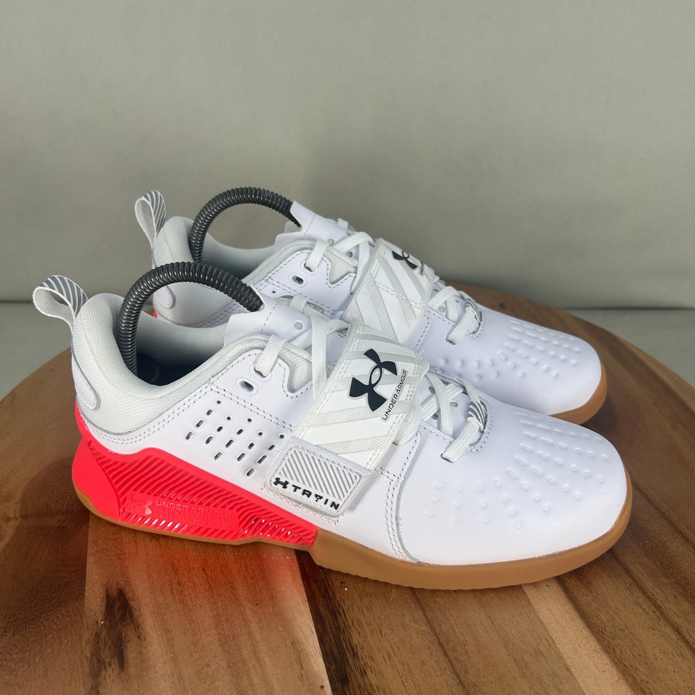 Under Armour Reign Lifter White Red Gum Training Shoes 3028028-101 Womens Size 9